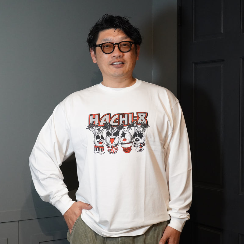 「HACHI-8×GreenPrickle」 HACHI-8のロック Tシャツ  長袖 (ホワイト)