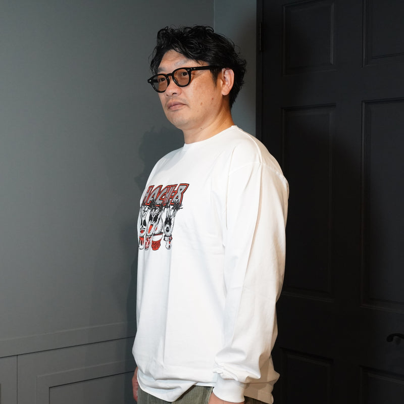 「HACHI-8×GreenPrickle」 HACHI-8のロック Tシャツ  長袖 (ホワイト)