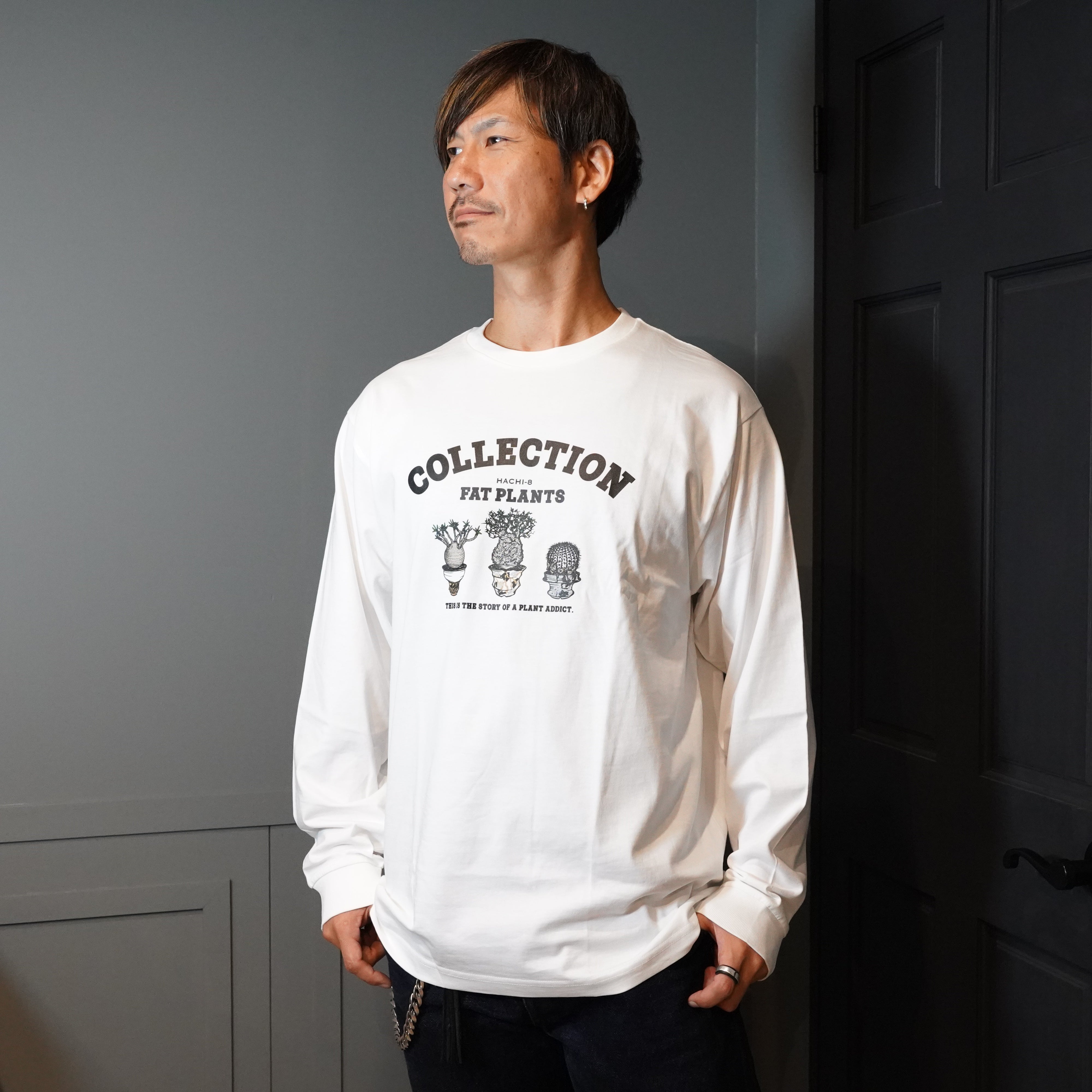 ホワイト 長袖 Tシャツ テキストデザイン　ゴルチェ　archive HACHI-8×GreenPrickle オリジナルTシャツ 長袖 (ホワイ) – Hachi-8